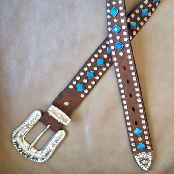 Nocona Belt Co. Leather Turquoise Stud Western Rodeo Festival Rhinestones size M - Picture 6 of 15